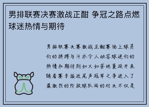 男排联赛决赛激战正酣 争冠之路点燃球迷热情与期待